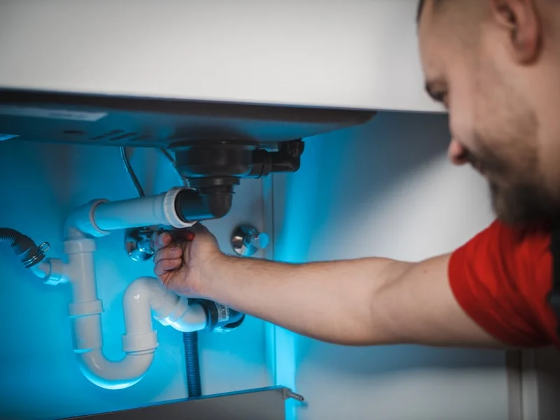 Plumber repairing a kitchen sink trap